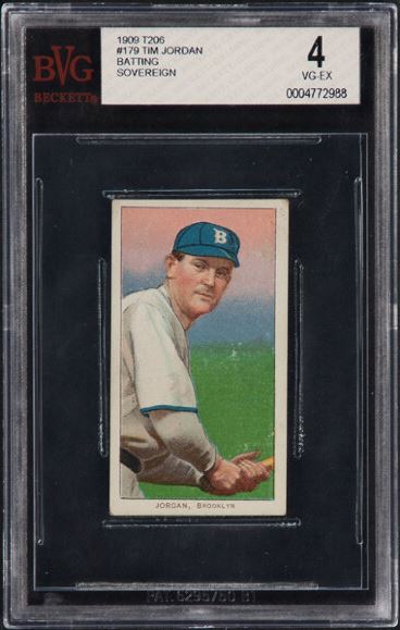 1909-11 T206 Tim Jordan (Batting - Brooklyn) Sovereign 350/25 BVG VG-EX 4